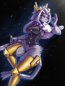 accessory anthro antlers black_clothing black_shirt black_topwear blue_outline bracelet breasts button_(fastener) capelet clothing collared_shirt diamond_eyes dream_breaker_(pseudoregalia) eyebrows featureless_crotch female fur gesture gold_(metal) gold_bracelet gold_jewelry grey_body grey_fur grey_hair hair hair_accessory hair_ring hand_gesture horn humanoid_hands jewelry leg_armor light outline purple_eyes shirt solo tail text thick_eyebrows topwear white_capelet white_clothing yellow_horn unnotablejulz pseudoregalia sybil_(pseudoregalia) bovid caprine goat jackalope lagomorph mammal 2024 3:4 artist_name dated hi_res lighting signature