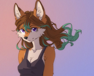 anthro biped breasts brown_body brown_fur brown_hair clothed clothed_anthro clothed_female clothing countershade_fur countershade_torso countershading female front_view fur green_highlights hair highlights_(coloring) inner_ear_fluff looking_at_viewer purple_eyes simple_background smile solo topwear tuft yshanii canid canine fox mammal 2025 digital_media_(artwork) hi_res