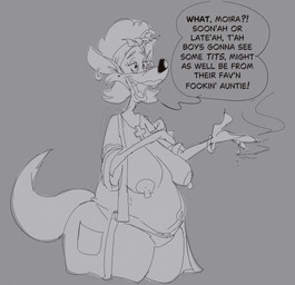 anthro bathrobe belly big_belly big_breasts breasts claws clothed clothing cross cross_necklace dialogue ear_piercing ear_ring exposed_breasts female finger_claws fingers fur hair humanoid_hands jewelry mature_anthro mature_female necklace nipples open_bathrobe open_clothing open_robe overweight overweight_anthro overweight_female piercing ring_piercing robe sagging_breasts solo speech_bubble tail text jodero canid canine canis mammal wolf english_text hi_res