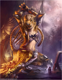 anthro armor biped clothed clothing female jewelry looking_at_viewer necklace shield sitting skimpy solo tail whiskers bubblewolf cheetah felid feline mammal 2013