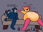 ambiguous_gender anthro belly belly_inflation big_belly bloated blue_body blue_fur bulge can container drugs duo empty_can fur hair huge_belly inflation marijuana missing_leg orange_body orange_fur pink_hair plushie stoned substance_intoxication text nightlymoxie birch_twigs moxie_(nightlymoxie) animate_inanimate domestic_cat felid feline felis living_plushie mammal mephitid skunk 4:3 absurd_res english_text hi_res nonbinary_(lore)