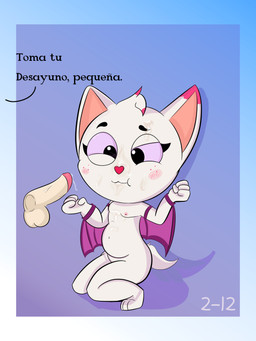 anthro belly blush blush_lines bodily_fluids cum cum_in_mouth cum_inside cum_on_face disembodied_penis duo female fur genital_fluids genitals kneeling male male/female offscreen_character penis purple_wings simple_background text white_body white_fur wings young shakewell-before-use bat human mammal 3:4 absurd_res hi_res spanish_text