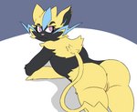 anthro female fur genitals looking_at_viewer nude pink_eyes pussy simple_background solo yellow_body yellow_fur drayx nintendo pokemon felid generation_7_pokemon legendary_pokemon mammal pokemon_(species) zeraora digital_media_(artwork) hi_res