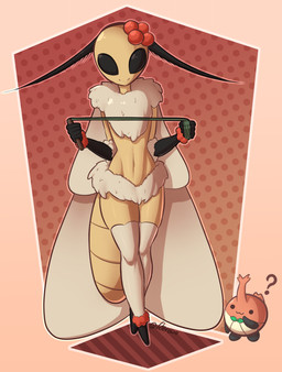 :3 antennae_(anatomy) anthro arthropod_abdomen black_eyes clothing duo female food fruit fur horn insect_wings legwear navel plant question_mark simple_background smile thigh_highs whip wings vetero bug_fables moonsprout_games mothiva_(bug_fables) tanjerin_(bug_fables) arthropod beetle elemental_creature flora_fauna food_creature insect lepidopteran living_fruit moth digital_media_(artwork) hi_res