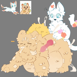 all_fours ambiguous_gender ambiguous_penetrated animal_genitalia animal_penis anklet anthro belly big_belly blue_eyes blush blush_lines bodily_fluids cheek_tuft chest_tuft claws cum cum_drip cum_from_mouth cum_in_mouth cum_inflated_belly cum_inflation cum_inside cum_strand cum_through cum_while_penetrated cute_fangs digitigrade dripping duo ejaculation erection excessive_cum excessive_genital_fluids eyes_closed facial_tuft fangs feral filled_to_the_brim flower flower_accessory flower_anklet flower_on_head from_behind_position fur genital_fluids genitals grey_eyes half-closed_eyes hand_on_butt inflated_belly inflation inner_ear_fluff jewelry knot knotted_penis knotting leaking_cum male male_feral monotone_background monotone_body monotone_fur mouth_closed narrowed_eyes one_fang open_mouth orgasm paws penetration penile penile_penetration penis plant quadruped sex simple_background tail tan_body tan_fur teeth tuft white_body white_fur x-ray_view viahonie asian_mythology chinese_mythology east_asian_mythology fabulous_beasts fenz_(studio) mythology chugou_(fabulous_beasts) shanque_(fabulous_beasts) canid canine felid feline mammal mythological_creature straw_dog 1:1 hi_res reference_image