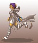 anthro blue_eyes cheek_tuft clothing facial_tuft female fur gradient_background hair holding_object looking_at_viewer multicolored_body multicolored_fur no_pupils on_one_leg purple_hair running short_hair side_view simple_background smile solo standing tail tail_tuft tuft two_tone_body two_tone_fur conditional_dnp vilani vilani_(character) felid lion mammal pantherine 2019