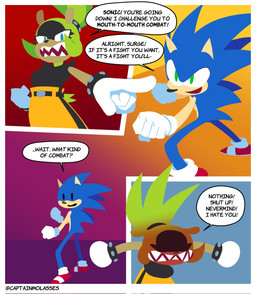 angry anthro belt blue_eyes bottomwear bracelet breasts clothed clothing dialogue duo eyes_closed female gesture green_eyes hair hand_gesture jewelry male male/female multiple_poses open_mouth pants pointing ponytail pose sharp_teeth speech_bubble spiked_bracelet spikes standing tail teeth text captain_molasses idw_publishing sega sonic_the_hedgehog_(comics) sonic_the_hedgehog_(idw) sonic_the_hedgehog_(series) sonic_the_hedgehog surge_the_tenrec afrosoricid eulipotyphlan hedgehog mammal tenrec 2024 artist_name comic digital_media_(artwork) english_text hi_res multiple_images