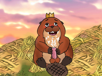 anthro balls blush bodily_fluids crown cum detailed_background erection genital_fluids genitals headgear king male outside penis royalty sitting slightly_chubby solo squirmynoodle disney hoppers_(disney) pixar king_george_(hoppers) beaver mammal rodent 2026 4:3