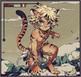 5_fingers anthro arm_support black_claws blinking blonde_hair blue_eyes bottomwear claws clothing collarbone digitigrade eyebrows finger_claws fingers hair jewelry loincloth male markings navel pose solo striped_arms striped_legs striped_markings striped_tail stripes tail tail_markings young young_anthro young_male moonshen felid mammal pantherine tiger animated digital_media_(artwork) loop pixel_(artwork) pixel_animation short_playtime
