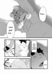 anthro canid canine clothing comic demon dialogue duo english_text erection genitals greyscale hi_res human kira_nerisu male male/male mammal monochrome obese overweight penis raccoon_dog tanuki tecfront text translated underwear undressing