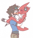 ambiguous_gender blush duo eyewear glasses kissing looking_away male male/ambiguous simple_background white_background clocky_(artist) bandai_namco digimon digimon_fusion digimon_xros_wars taiki_kudou digimon_(species) human mammal shoutmon