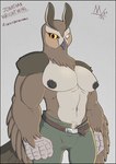 anthro blind_eye clothed clothing erect_nipples feathered_wings feathers looking_at_viewer male moobs muscular muscular_male nipples solo topless topless_male wings meatboom avian bird owl 2021 hi_res