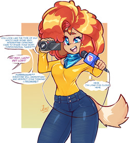 anthro blue_eyes blue_scarf bottomwear breasts camera clothing denim denim_bottomwear denim_clothing dialogue electronics female hair holding_camera holding_microphone holding_object jeans microphone offscreen_character orange_hair pants scarf shirt simple_background small_breasts solo speech_bubble standing tail text topwear yellow_clothing yellow_shirt yellow_topwear jamoart pepper_page canid canine canis domestic_dog mammal 2023 absurd_res english_text hi_res