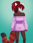 5_fingers anthro biped breasts choker cleavage clothed clothing female fingers fur green_eyes hair humanoid_hands jewelry necklace ponytail pose red_body red_fur red_hair shoulderless_sweater sleeves_past_wrists small_breasts smile solo sweater tail topwear conditional_dnp kadath ruby_(kadath) ailurid mammal red_panda 2022 digital_media_(artwork) hi_res pinup