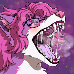 anthro blush bodily_fluids breath countershade_accent eyewear female fur glasses hair heart_background mature_female mouth_shot open_mouth pink_eyes pink_hair purple_background purple_body purple_fur saliva simple_background solo teeth teeth_showing tied_hair tongue uvula white_body white_fur dividiviane tux_(tux_loomis) canid canine canis fox hybrid mammal wolf 1:1 absurd_res hi_res icon