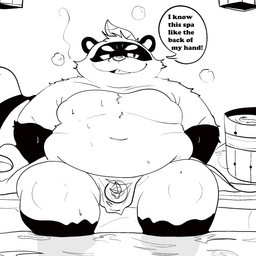 anthro asian_clothing belly big_belly biped bodily_fluids clothing dialogue east_asian_clothing fundoshi japanese_clothing leaf male moobs navel open_mouth overweight overweight_male sitting solo steam sweat text underwear rinhatsuyuki canid canine mammal raccoon_dog tanuki 1:1 2026 english_text hi_res