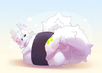 :3 black_sclera blue_eyes feral fluffy fluffy_tail fur grey_body grey_fur looking_back lying male markings on_front pawpads pink_pawpads rear_view simple_background solo tail white_body white_fur yellow_markings shiones domestic_cat felid feline felis mammal 2026 colored digital_drawing_(artwork) digital_media_(artwork) shaded