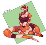 anthro bottomwear breasts claws cleavage clothed clothing crop_top female midriff non-mammal_breasts orange_body orange_scales scales shirt shorts sitting solo topwear lbt9000 reptile scalie snake hi_res