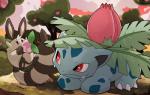 afternoon detailed_background duo flower food fruit grass heart_symbol paws pecha_berry plant pokemon_berry smile tree blitzdrachin conditional_dnp nintendo pokemon heartberry generation_1_pokemon generation_2_pokemon ivysaur mammal pokemon_(species) procyonid raccoon reptile scalie sentret