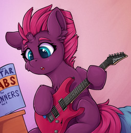 blue_eyes broken_horn cheek_tuft chest_tuft electric_guitar eye_scar eyebrows eyelashes facial_scar facial_tuft female feral fluffy fur guitar hair holding_object horn inner_ear_fluff mohawk musical_instrument open_mouth pink_hair pink_tail plucked_string_instrument purple_body purple_fur scar solo string_instrument tail tuft zeepheru_pone friendship_is_magic hasbro my_little_pony my_little_pony:_the_movie_(2017) mythology tempest_shadow_(mlp) equid equine mammal mythological_creature mythological_equine unicorn 2023 digital_media_(artwork)