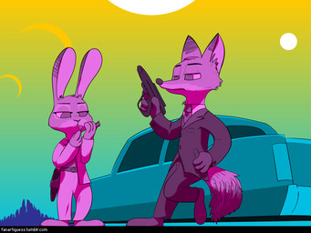 anthro belt car cigarette clothed clothing dipstick_ears dipstick_tail duo ear_markings female gun half-closed_eyes handgun holding_gun holding_object holding_ranged_weapon holding_weapon holster leaning leaning_backward male markings match multicolored_ears multicolored_tail narrowed_eyes necktie pistol ranged_weapon smoking standing suit sun synthwave tail tail_markings text vehicle weapon fanartiguess disney zootopia judy_hopps nick_wilde canid canine fox lagomorph leporid mammal rabbit red_fox true_fox 2016 hi_res url