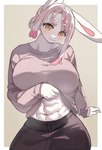 :3 abs anthro big_breasts black_clothing blush breasts clothed clothing clothing_lift eyebrow_through_hair eyebrows eyelashes female fur grey_background grey_clothing hair huge_breasts kemono looking_at_viewer medium_hair muscular muscular_female navel pink_blush shirt shirt_lift simple_background smile solo standing topwear translucent translucent_hair white_body white_fur white_hair yellow_eyes miyanokoko tsukareta-inu_no_anime usayama_kasumi_(tsukareta-inu) lagomorph leporid mammal rabbit hi_res