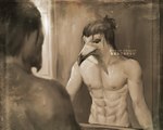 abs alternate_species anthro beak biped bottomwear clothed clothing hair looking_at_mirror looking_at_object male mirror navel nipples pants ponytail reflection solo topless wet artofneight attack_on_titan eren_yeager avian 2021 digital_media_(artwork) digital_painting_(artwork) half-length_portrait monochrome portrait sepia