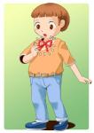 animal_crossing brown_eyes brown_hair clothing edmol green_background hair human isabelle_(animal_crossing) male mammal nintendo not_furry ribbons simple_background tf_into_fictional_character transformation young