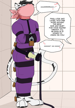 anthro arms_tied bdsm black_hair black_stripes blue_eyes blush bound cloth_gag collar dialogue digitigrade erection fur gag gagged genitals hair heart_symbol layered_gag legs_tied lock machine male milking_machine multicolored_body multicolored_fur padded_room padlock penile penis penis_milking restraints solo speech_bubble straitjacket striped_body striped_fur stripes tail text two_tone_body two_tone_fur white_body white_fur astarvingfarbeagle vaurien felid mammal pantherine tiger 2026 english_text hi_res