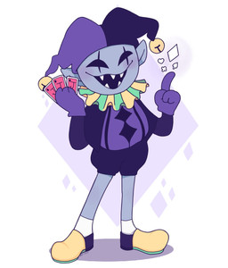 :d bell blush card clothed clothing footwear gloves handwear hat headgear headwear humanoid_pointy_ears male not_furry open_mouth open_smile pointy_ears ruff_(clothing) sharp_teeth shoes smile solo standing teeth marchmarciie deltarune undertale_(series) jevil_(deltarune) darkner humanoid imp 2018 hi_res