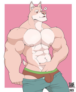 abs anthro areola barazoku biped bottomwear bottomwear_down briefs brown_eyes bulge claws clothed clothing finger_claws fingers front_view fur hand_in_underwear heart_symbol humanoid_hands inner_ear_fluff looking_at_viewer male muscular muscular_anthro muscular_arms muscular_male navel nipples open_mouth open_smile pants pants_down partially_clothed pecs pink_background pose seductive simple_background smile solo tan_body tan_fur text topless topless_anthro topless_male tuft underwear white_body white_fur isaac_andel canid canine canis domestic_dog mammal 2023 absurd_res artist_name colored half-length_portrait hi_res pinup portrait shaded