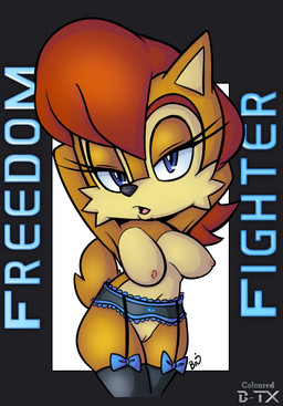 anthro breasts clothing eyelashes female garter_straps genitals hair legwear nipples pose red_hair solo tail text thigh_highs vulva bladetigerx misswerehog sega sonic_the_hedgehog_(series) sally_acorn chipmunk ground_squirrel mammal rodent sciurid english_text pinup