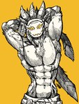 abs anthro chest_tuft clothed clothing cybernetics fur hairy_armpits hands_behind_head head_tuft looking_at_viewer machine male male_anthro markings muscular muscular_anthro muscular_male pecs pose smile smirk solo tail tail_tuft topless tuft jwbash cyborg protogen robot_anthro absurd_res hatching_(art) hi_res shaded sketch