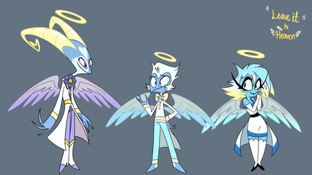 armwear back_wings blue_body blue_eyes blue_feathers blue_hair blue_skin bow_tie clothing dress elbow_gloves eyelashes feathered_wings feathers female flower_accessory freckled_face freckles gloves group hair halo handwear heart_(marking) horn jacket long_eyelashes male markings purple_body purple_feathers simple_background standing text topwear trio wings emositecc hellaverse helluva_boss blitzo_(helluva_boss) millie_(helluva_boss) moxxie_(helluva_boss) angel angel_humanoid humanoid 16:9 english_text hi_res widescreen