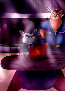 anthro bottomwear brown_body clothing computer detailed_background duo electronics hat headgear headwear inside male pants police police_hat police_uniform question_mark shirt slightly_chubby topwear uniform berryrpgmakerb brok_the_investigator cowcat_games hacker_(brok_the_investigator) r.j._(brok_the_investigator) bear mammal mouse murid murine rodent 2022