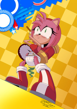 anthro blush bodily_fluids clothed clothing diaper diaper_fetish embarrassed female green_eyes hammer holding_object holding_weapon pink_body safety_pin soiled_diaper solo stink_fumes sweat sweatdrop tears tools unclean_diaper used_diaper weapon wearing_diaper djkazoo sega sonic_the_hedgehog_(series) amy_rose eulipotyphlan hedgehog mammal hi_res