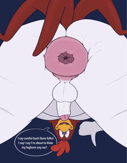 anthro anus balls beak bent_over big_butt butt butt_focus dialogue feathers genitals huge_butt humanoid_genitalia humanoid_penis implied_fart looking_at_viewer looking_through looking_through_legs male multicolored_body multicolored_feathers nude penis puffy_anus red_body red_feathers smile solo tail tail_feathers text two_tone_body two_tone_feathers white_body white_feathers snuggydoug looney_tunes warner_brothers foghorn_leghorn avian bird chicken galliform phasianid absurd_res digital_media_(artwork) english_text hi_res