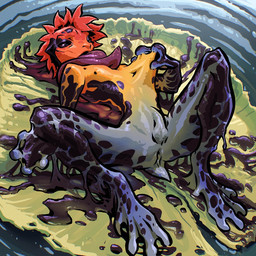anus black_eyes bulge detailed_background detailed_bulge feet genital_outline goo_transformation lily_pad long_tongue lying male membrane_(anatomy) multicolored_body on_back penis_outline plant short_tail slime solo species_transformation tail toes tongue tongue_out tongue_wrap transformation water webbed_feet maxspite amphibian frog poison_dart_frog 1:1 digital_media_(artwork) hi_res