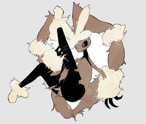 ambiguous_gender anthro black_sclera brown_body brown_fur flat_chested fur paws pink_eyes simple_background solo tail yellow_body yellow_fur kittodaisukiman nintendo pokemon generation_6_pokemon lagomorph mammal mega_evolution mega_lopunny pokemon_(species) 2026 hi_res