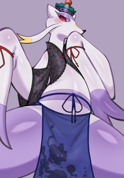 ambiguous_gender anthro biped black_clothing black_topwear blush clothed clothed_anthro clothing front_view fur headgear headwear looking_at_viewer purple_body purple_fur red_eyes simple_background solo standing topwear whiskers white_body white_sclera azuu nintendo pokemon pokemon_cafe_remix generation_5_pokemon mienshao pokemon_(species) 2025 absurd_res digital_drawing_(artwork) digital_media_(artwork) hi_res