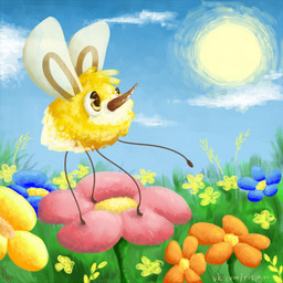 ambiguous_gender blue_flower blue_sky cloud flower fur glistening glistening_eyes grass meadow orange_flower plant quadruped sky solo sun text wings yellow_body yellow_eyes yellow_flower yellow_fur bloominglynx nintendo pokemon arthropod cutiefly generation_7_pokemon pokemon_(species) 1:1 2018 digital_media_(artwork) digital_painting_(artwork) painting_(artwork) url