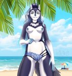 anthro areola beach beach_umbrella breasts clothing cloud detailed_background female genitals hair humanoid_face long_hair nipples nude panties parasol plant pussy sand sea seaside sky solo tree underwear water wave kot9n9 aurora_the_artic_water_pokegirl canid canine canis mammal wolf absurd_res hi_res