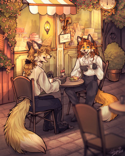5_fingers anthro biped bottomwear bread brown_hair brown_tail cake candle chair claws clothed clothed_anthro clothed_male clothing cookie dessert duo eyes_closed finger_claws fingers flower food footwear fully_clothed fully_clothed_anthro fully_clothed_male fur furniture green_eyes hair holding_coffee_mug holding_object inner_ear_fluff looking_at_another macaron_(food) male on_chair open_mouth orange_body orange_fur orange_tail outside pants plant plant_pot ring shirt shoes shrub sitting sitting_on_chair table tail teeth tongue topwear tuft window tatujapa edgar_vladilisitsa canid canine fox mammal 2025 digital_media_(artwork) hi_res