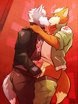 anthro arm_tuft belt black_clothing black_shirt black_t-shirt black_topwear bodily_fluids bottomwear bottomwear_down butt cheek_tuft chin_tuft clothed clothing dipstick_tail duo elbow_tuft eyebrows eyes_closed facial_tuft fluffy forearm_muscles frottage fur genital_fluids genitals gloves green_bottomwear green_clothing green_jacket green_pants green_topwear grey_body grey_fur hair hand_on_penis hand_on_shoulder handwear intimate jacket kerchief kissing leaking_precum leather leather_clothing leather_jacket leather_topwear male male/male markings open_clothing open_jacket open_topwear pants pants_down partially_clothed penile penis penis_size_difference penises_touching precum print_clothing print_shirt print_t-shirt print_topwear pubes red_kerchief red_lighting sex shirt short_hair t-shirt tail tail_markings tile tile_wall topwear tuft wall_(structure) whisker_spots whiskers white_body white_clothing white_eyebrows white_fur white_hair white_shirt white_t-shirt white_topwear yellow_body yellow_fur zipper_jacket ventkazemaru nintendo star_fox fox_mccloud wolf_o'donnell canid canine canis fox mammal wolf 2025 cel_shading dated digital_media_(artwork) hi_res shaded