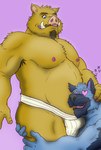 anthro armpit_hair beard body_hair bulge clothing duo facial_hair heart_eyes heart_symbol hug jockstrap kemono male male/male moobs nipples simple_background slightly_chubby underwear inotetu canid canine mammal suid suine sus_(pig) 2023 hi_res