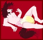 anthro blue_eyes bodily_fluids brown_body brown_fur brown_hair clothed clothing collar collar_only diaper diaper_only fur genital_fluids grin hair lying male nude on_back red_background red_body red_fur red_hair relaxing simple_background smile solo topless unclean_diaper urine used_diaper wearing_diaper wet_diaper wetness_indicator white_body white_fur crinklemo canid canine canis mammal wolf hi_res