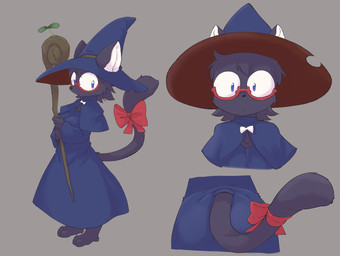 accessory anthro black_body black_fur black_hair bow_ribbon breasts clothed clothing eyewear female fur furgonomics glasses grey_background hair hat headgear headwear holding_object holding_staff kemono magic_user plant ribbons robe round_glasses short_hair simple_background solo sprout_(plant) staff tail tail_accessory tail_bow tail_ribbon witch witch_hat ukan_muri domestic_cat felid feline felis mammal hi_res japanese_description
