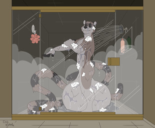 anthro balls balls_on_ground bathing big_balls black_body black_fur black_penis brown_body brown_fur brown_hair door eyes_closed flaccid fur genitals glass_door grey_body grey_fur hair huge_balls hyper hyper_balls hyper_genitalia long_tail male penis shower showering soap solo tail duly_noted alucarda_(cherylthehunter72) mammal procyonid raccoon absurd_res hi_res