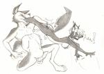 anthro balls belly clothing duo erection female fingering genitals kerchief male nude penis simple_background struggling vore chaoshetra riko canid canine canis fox jackal mammal traditional_media_(artwork)