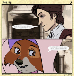 anthro clothing dialogue duo female fireplace headdress male narrowed_eyes nobleman open_mouth shirt side_glance sitting standing stone_wall text topwear wall_(structure) white_clothing white_shirt white_topwear sir_paulus disney robin_hood_(disney) maid_marian pavel_(sir_paulus) canid canine canis fox human mammal english_text hi_res